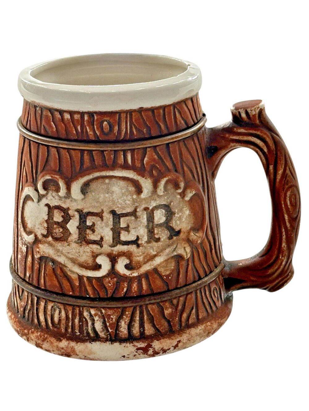 Vintage Japanese Ceramic Beer Stein Mug Faux Bois Wood Bark Pattern Retro Japan
